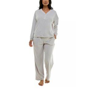 Roudelain Long Sleeve Ribbed Velour Pajama Set Grey Size M Soft Cozy